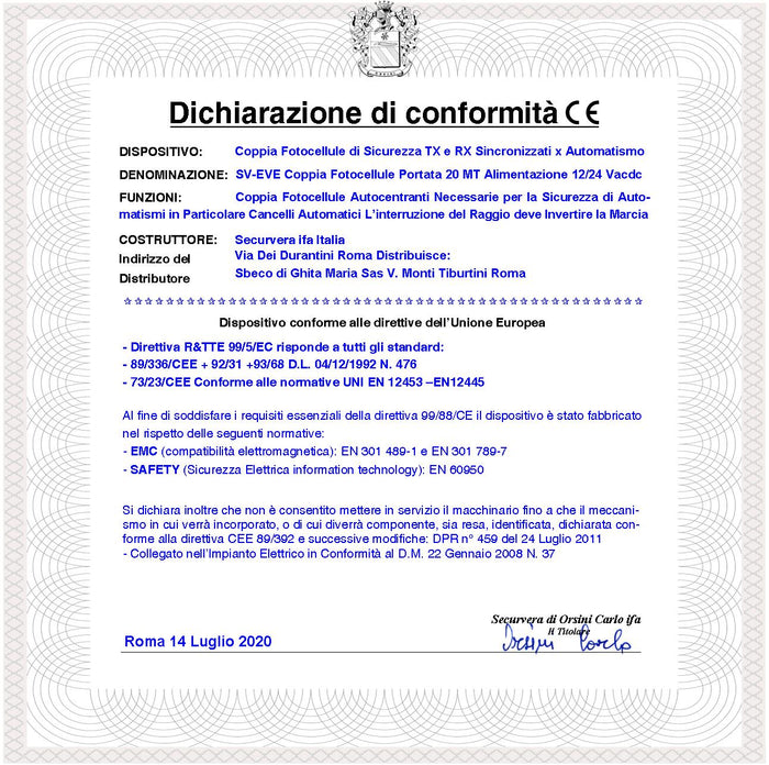 Coppia Fotocellula Controllo di Sicurezza per Cancello Elettrico Automatico Portata 20 Metri Lineari Montaggio a Parete o Palina Alimentazione 12/24 Vac Dispositivo Antischiacciamento Universali