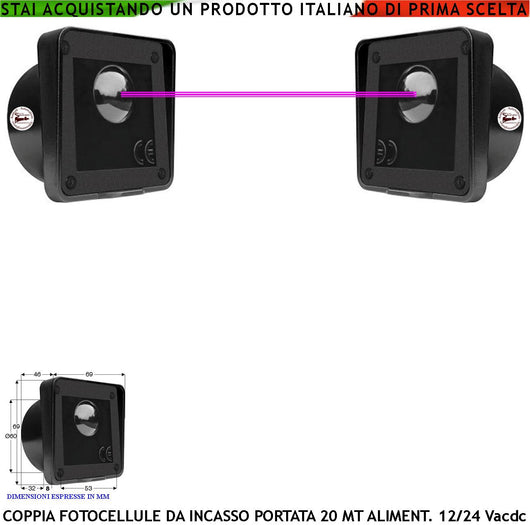Fotocellule Universali da Incasso TX e RX Sicurezza Cancello Elettrico Automatico Portata 20 Metri IR6000IS Montaggio Incasso o Palina Alimentazione 12/24 Vac