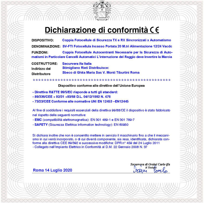 Coppia Fotocellule Incasso 2 Coppie Sicurezza e Controllo Automatismo Cancello TX e RX Portata 20 Metri Montaggio a Parete Oppure Palina Alimentazione 12/24 Vac