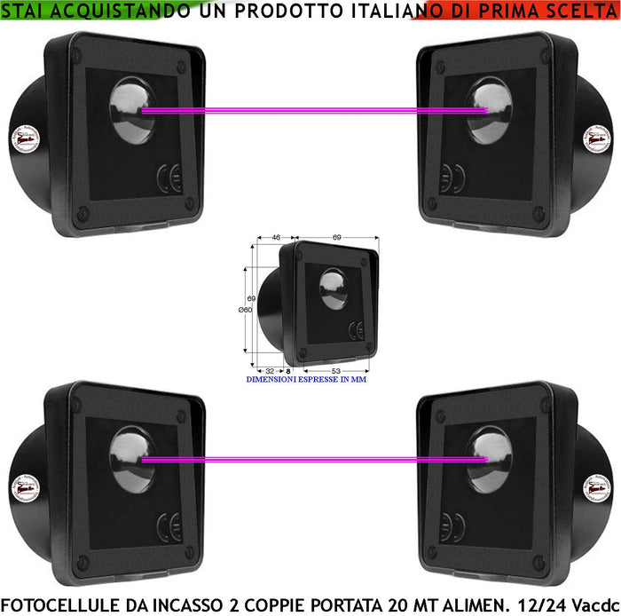 Fotocellula da Incasso 2 Coppie Controllo Sicurezza Cancello Elettrico Automatico Portata 20 Metri Lineari Montaggio a Parete o Palina Alimentazione 12/24 Vac