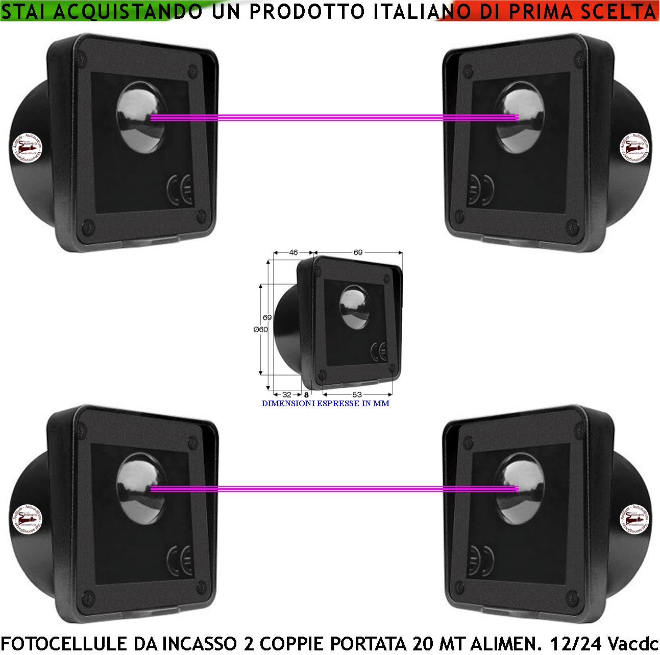 Coppia Fotocellule Incasso 2 Coppie Sicurezza e Controllo Automatismo Cancello TX e RX Portata 20 Metri Montaggio a Parete Oppure Palina Alimentazione 12/24 Vac