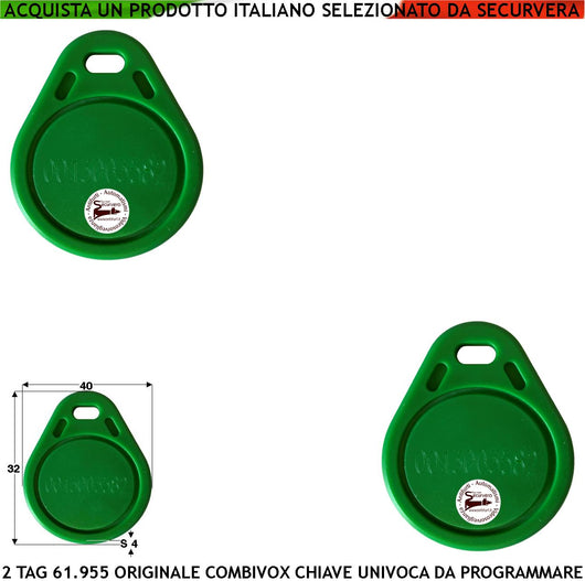 Chiave Elettronica di Prossimità 2 TAG RFID Alta Sicurezza Codice Base Combivox 61.955 Univoco Frequenza di Lavoro 125 KHz Altri Codici Generati Random Con Foro Portachiavi Alimentazione Per Induzione