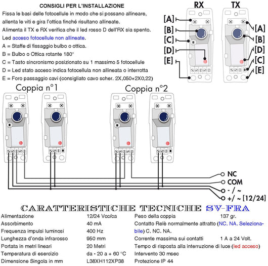Coppia Fotocellule Orientabili 180° Orizzontale Sicurezza e Controllo Automatismo Cancello TX e RX Portata 20 Metri Montaggio a Parete Alimentazione 12/24 Vac