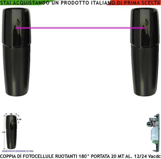 Coppia Fotocellule Ruotabili 180° Orizzontale Portata 20 Metri Lineari Controllo e Sicurezza Automatismo Cancello Montaggio a Parete Alimentazione 12/24 Vac