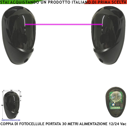 Coppia Fotocellula Portata 30 Metri Lineari Protezione Passaggio per Cancello Elettrico Automatico Allmatic Montaggio a Parete o Palina Alimentazione 12/24 Vac
