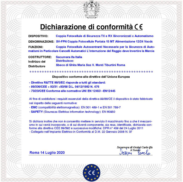 Fotocellula Pupilla Una Coppia Sicurezza Cancello Elettrico Benincà Controllo Passaggio Portata 25 Metri Montaggio a Parete o Palina Alimentazione 24/30 Vac