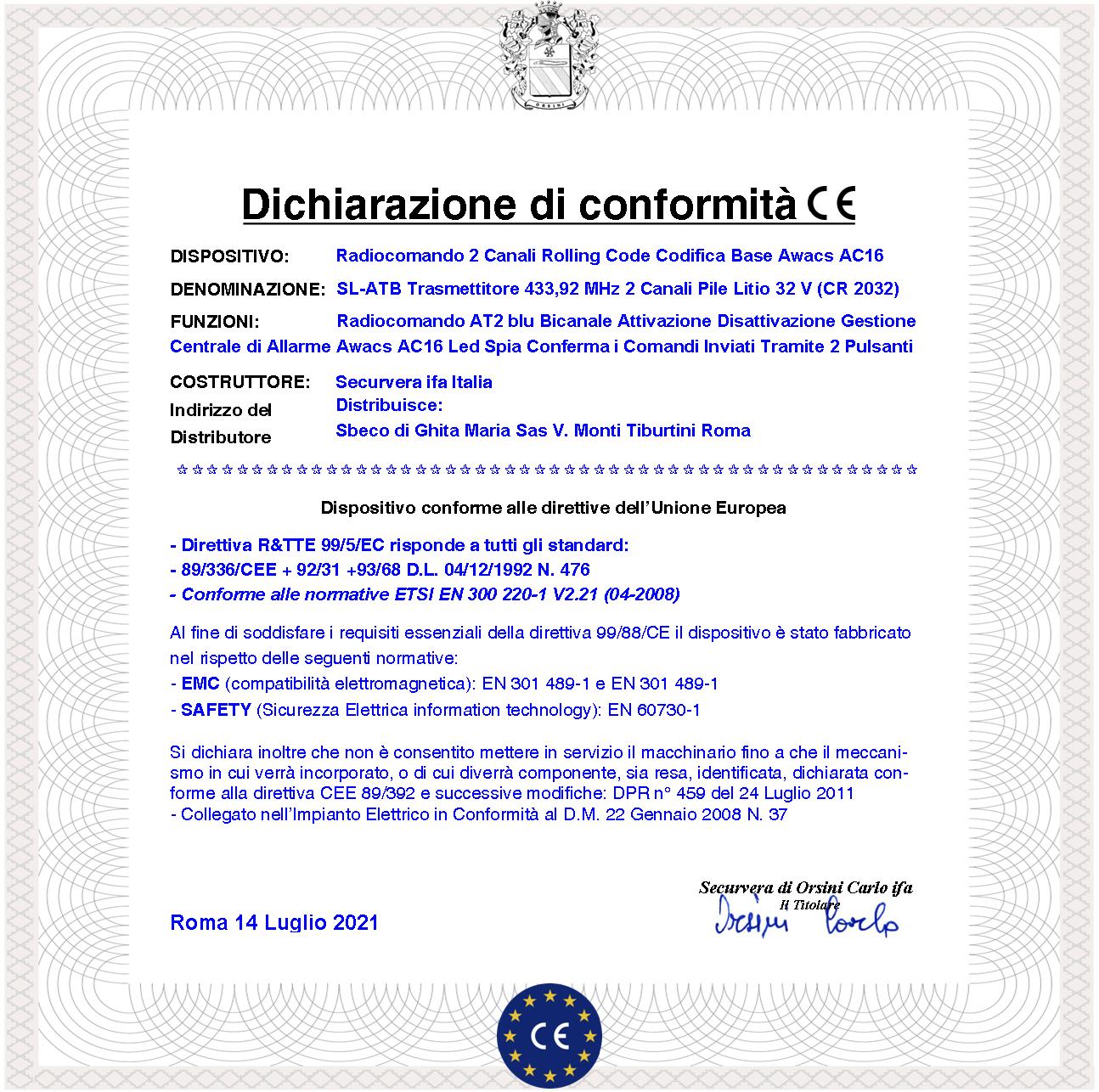 Radiocomando AT2 blu 2 Pezzi 2 Canali 2 Pulsanti Nero e Rosso Codici Univoci Trasmette Frequenza 433,92 MHz Gestione Della Centrale di Allarme Awacs AC16 CR2032