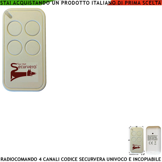 Radiocomando Quadricanale Frequenza di Trasmissione 433,92 MHz Potenza Trasmessa 1 mW Codifica di Sicurezza Univoca Securvera R. C. a 66 Bit Led Segnalazione