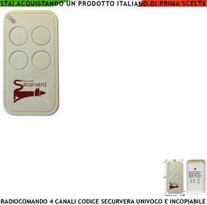 Telecomando Quadricanale Frequenza di Trasmissione 433,92 MHz Potenza Trasmessa 1 mW Codifica di Sicurezza Univoca Securvera R. C. a 66 Bit Led Segnalazione