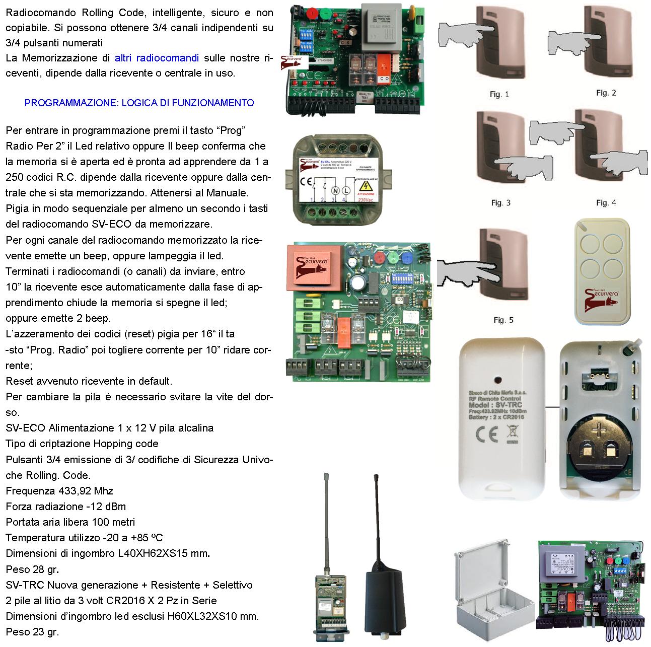 Telecomando Radiocomando Tre Canali Frequenza 433,92 MHz Potenza 1 mW Cinque Pezzi Portata Aria Libera 60/100 MT Codice Securvera Rolling Code 66 Bit Batteria 12 V 23A Contenitore ABS Tasti Numerati