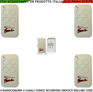 Comandoradio 4 Telecomandi 4 canali Frequenza di Trasmissione 433,92 MHz Potenza Trasmessa 1 mW Codifica di Sicurezza Univoca Securvera Led Segnalazione