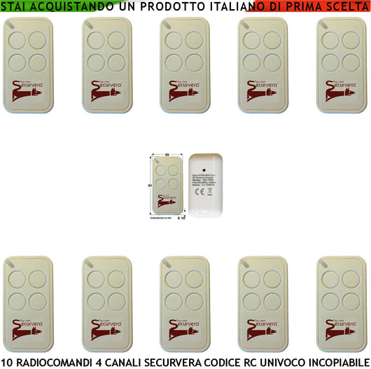 Comandoradio 10 Telecomandi 4 canali Frequenza di Trasmissione 433,92 MHz Potenza Trasmessa 1 mW Codifica di Sicurezza Univoca Securvera Led Segnalazione