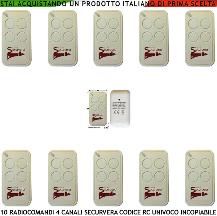 Radiocomando 10 Telecomandi Frequenza di Trasmissione 433,92 MHz 4 canali Potenza 1 mW Una Codifica di Sicurezza Univoca Securvera Led Segnalazione Funzione