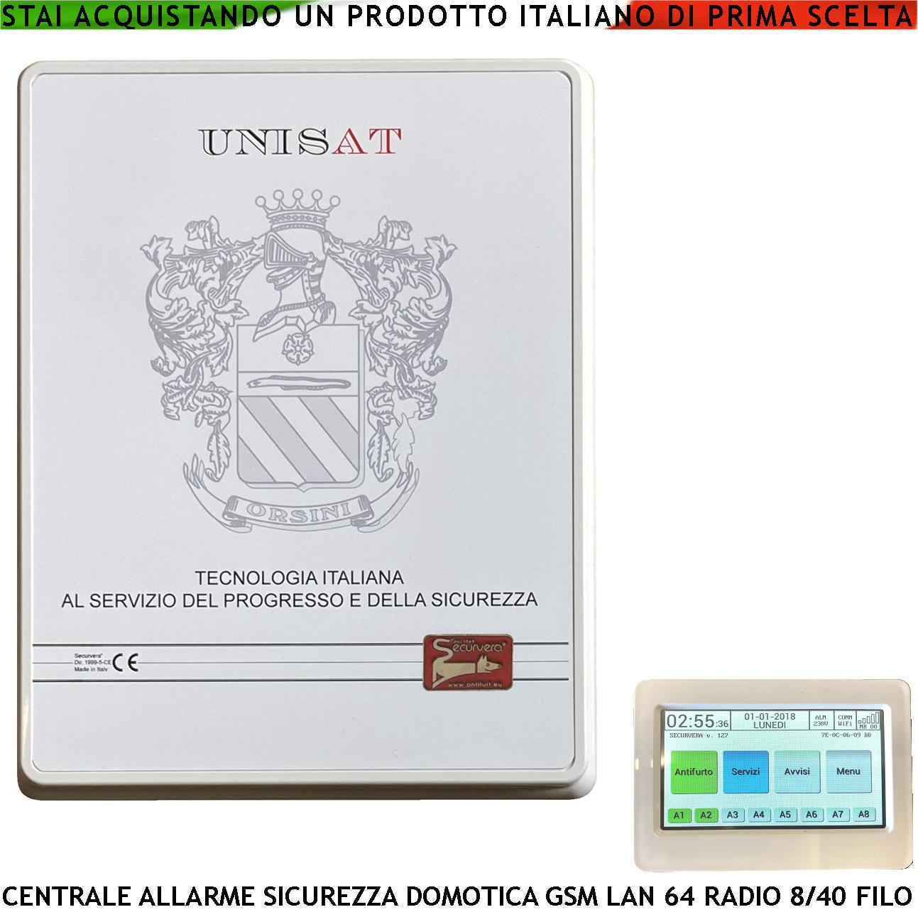 Centrale Allarme Impianto Sicurezza 64 Zone Radio 8 Filo Espandibili a 40 Collegamenti e Funzioni Programmabili 8 Aree 50 Utenti Gestibile da APP Chiave Radiocomandi 5 Uscite Relè Domotica GSM e GPRS