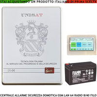 Centrale Unisat Impianto Allarme 8 Zone Filo Optional 40 Collegamenti e Funzioni Programmabili 8 Aree 50 Utenti Gestita da APP RFID Radiocomando 868 MHz HiFi Domotica GSM/GPRS LAN Batteria 12 V 7 Ah