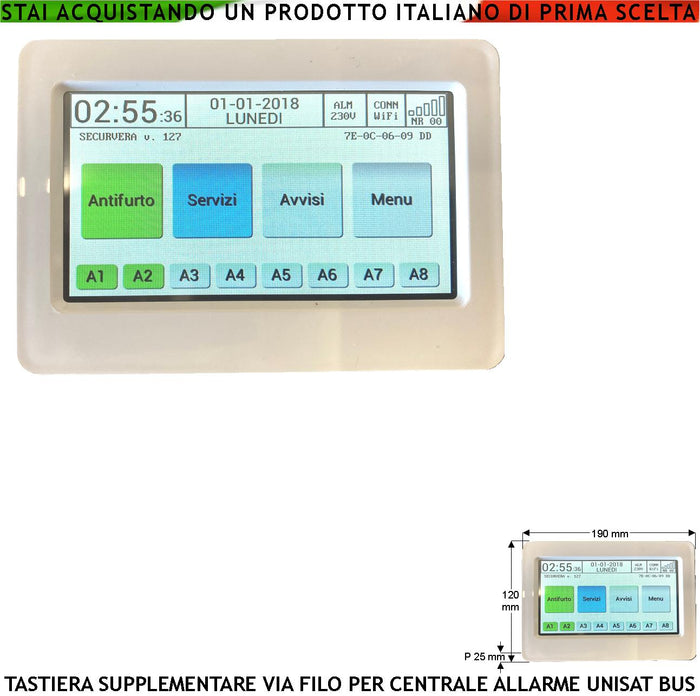 Tastiera Touch Screen Schermo LCD 4,3 Pollici Icone a Colori Aggiuntiva Della Centrale Unisat 2 Max 8 Collegamento Sul BUS Fissaggio a Parete Visione Icone Sono Le Stesse Delle APP Gestione Domotica