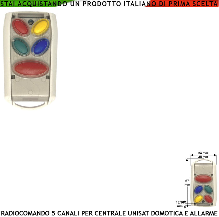 Radiocomando 5 Canali Bidirezionale Frequenza 868 MHz Gestione Semplice della Centrale Unisat2 Attivazione Disattivazione Totale o Parziale Soccorso Panico Domotica 3 Led Indicano le Funzioni Attivate
