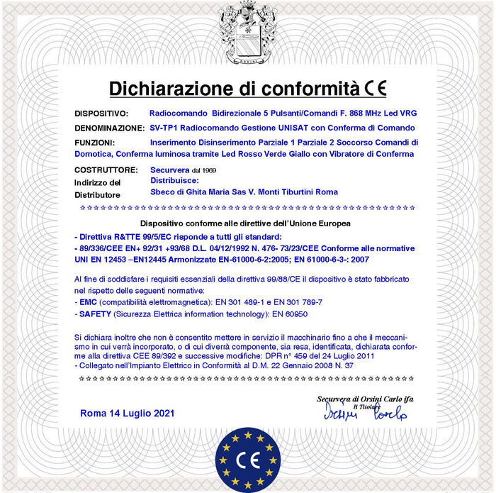 Telecomando Bidirezionale Frequenza 868 MHz 5 Canali Comandi Semplici della Centrale Unisat 2 Attivazione Disattivazione Totale o Parziale Soccorso Panico Domotica 3 Led Indicano le Funzioni Attivate
