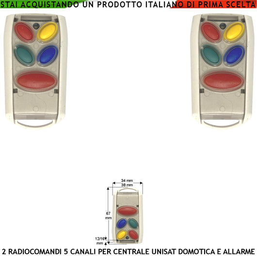 Radiocomandi 5 Canali Bidirezionali Frequenza 868 MHz 2 Pezzi Comanda la Centrale Unisat2 Attiva Disattiva Totale o Parziale Soccorso Panico Domotica 3 Led Verde Rosso Giallo Per le Funzioni Attivate