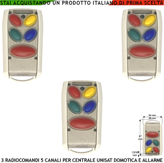 Telecomando Bidirezionale Frequenza 868 MHz 5 Canali 3 Pezzi Gestisce la Centrale Unisat 2 Attiva Disattiva Totale Parziale Soccorso Panico Domotica 3 Led Verde Rosso Giallo Per le Funzioni Attivate