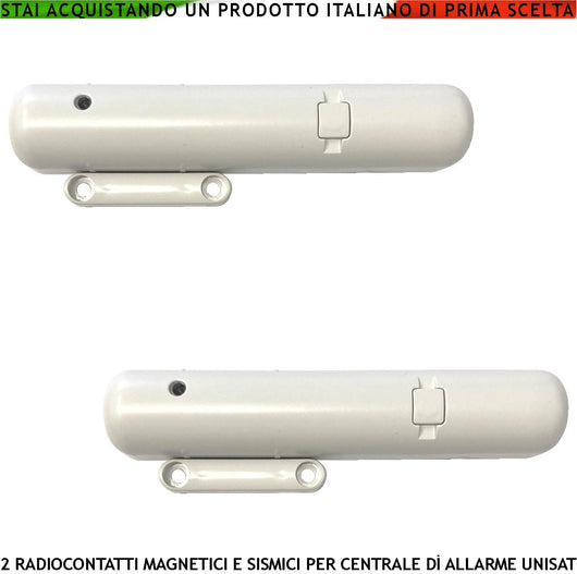 Radiocontatto Incorpora Sensore Magnetico e Sismico 2 Pezzi 2 Ingressi per Sensori Remoti Autonomi Contaimpulsi Regolabili da Remoto Con App Freq. 868 MHz Codifica UNISAT Segnal. Allarme Tramite Led