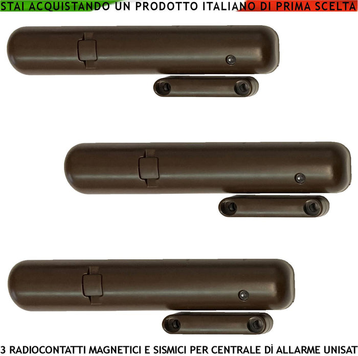 Radiocontatti 3 Pezzi Incorporano Sensore Magnetico e Sismico 2 Ingressi x Sensori Remoti Contaimpulsi Regolabili Anche da App Frequenza 868 MHz Codifica UNISAT2 Led Segnalazione Allarme Cover Marrone