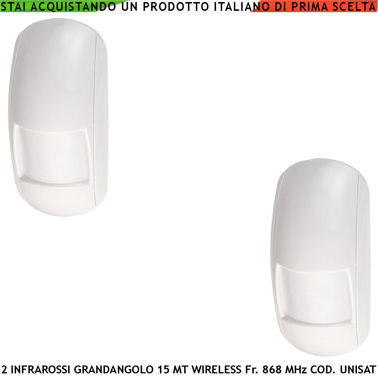 Sensore Infrarosso 15 Metri Grandangolo 2 Pezzi Rileva Movimento Allarme Via Radio Bidirezionale Codifica UNISAT2 Anti Jamming Antimanomissione Antifurto Rileva Estranei Sensore look down da Interno