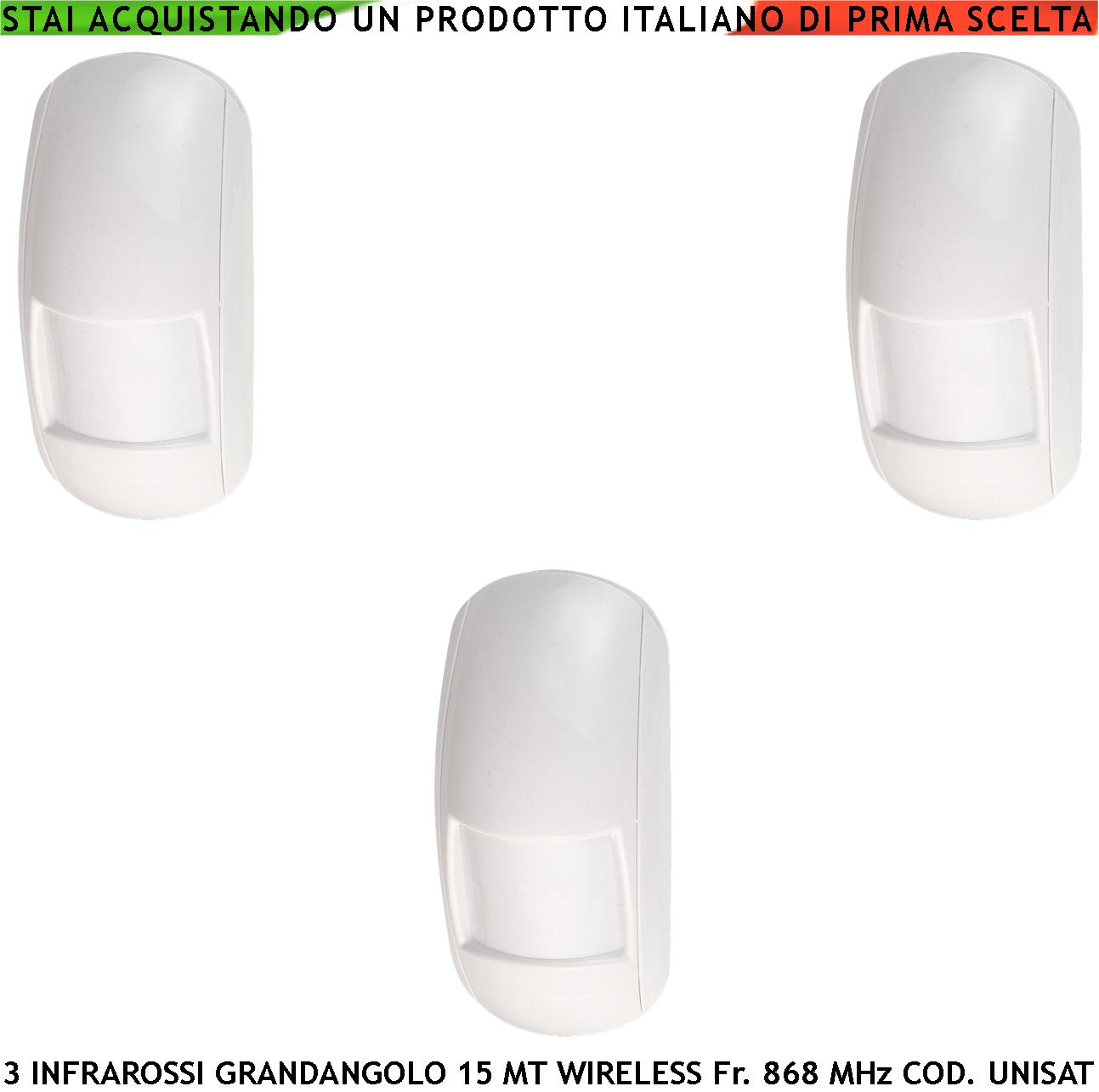 Infrarosso Allarme Wireless Grandangolo da Interno 15 Metri Tre Pezzi Rileva Movimento Estranei Antifurto Radio Bidirezionale Codice UNISAT2 Anti Jamming Antimanomissione Sensore Volumetrico look down