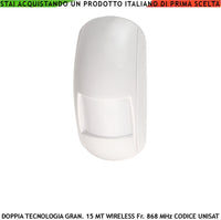 Doppia Tecnologia Sensore Movimento look down Grandangolo da Interno Copertura 15 MT Antifurto Radio Frequenza 868 MHz Bidirezionale Codice UNISAT2 Anti Jamming Antimanomissione Rileva Intrusi Allarme