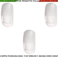 Rilevatore Movimento 3 Pezzi Doppia Tecnologia Antifurto Radio Copertura 15 Metri Grandangolo da Interno Fr. 868MHz Bidirezionale Codice UNISAT Anti Jamming Antimanomissione Sensore Estranei look down