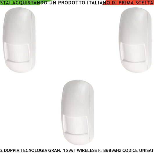 Rilevatore Movimento 3 Pezzi Doppia Tecnologia Antifurto Radio Copertura 15 Metri Grandangolo da Interno Fr. 868MHz Bidirezionale Codice UNISAT Anti Jamming Antimanomissione Sensore Estranei look down