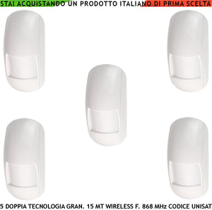 Doppia Tecnologia Sensore Movimento Radio 5 Pezzi Frequenza 868 MHz Bidirezionale Codifica UNISAT Infrarosso Grandangolo Controllo look down Copertura 15 Metri