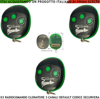 Clonazione 3 Telecomandi Frequenza Radio 433,92 MHz Potenza Trasmessa 1 mW Codice default Securvera 66 Bit Apprende Codici Binari su 3 canali Led Conferma