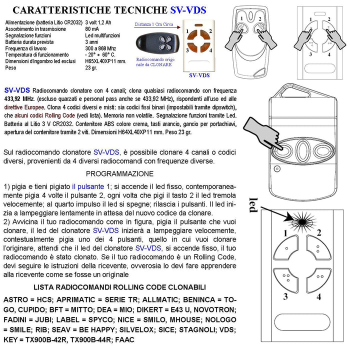 Telecomando Duplica 4 canali Frequenza 433,92 MHz 1 mW Codice default Securvera 66 Bit Clona Codici Binari Copia Base Rolling Code da Confermare Led Funzioni