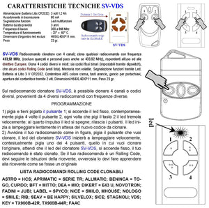 Clonatore Radiocomando 4 canali Frequenza 433,92 MHz 1 mW Codice default Securvera 66 Bit Clona Codici Binari Copia Base Rolling Code da Confermare Led Funzioni