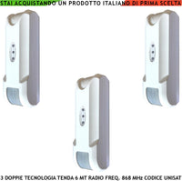 Sensore Movimento Balcone Doppia Tecnologia Tenda 3 Pezzi Copertura 6 Metri Frontali Prof. 1,8 MT Via Radio Freq. 868 MHz look down Bidirezionale Codifica UNISAT