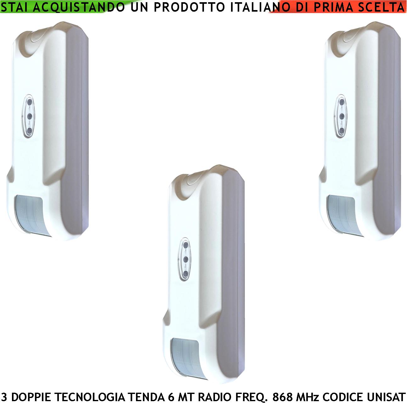 Rileva Intrusi Furto Doppia Tecnologia Tenda 3 Pezzi Radio Frequen. 868 MHz Bidirezionale UNISAT look down Controllo Finestra Copertura 6 Metri Frontali 1,8 MT