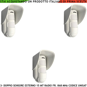 Rilevatore Movimento Doppia Tecnologia da Esterno 3 Pezzi Copertura 15 Metri Grandangolo o 25 Metri Tenda Via Radio Freq. 868 MHz Bidirezionale Codice UNISAT
