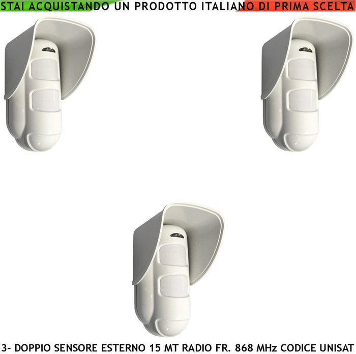Rilevatore Movimento Doppia Tecnologia da Esterno 3 Pezzi Copertura 15 Metri Grandangolo o 25 Metri Tenda Via Radio Freq. 868 MHz Bidirezionale Codice UNISAT