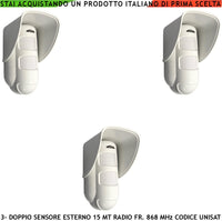 Doppia Tecnologia da Esterno Rileva Intrusi in Movimento 3 Pezzi Copertura 15 Metri Grandangolo o 25 Metri Tenda Via Radio Fr. 868 MHz Bidirezionale Codice UNISAT