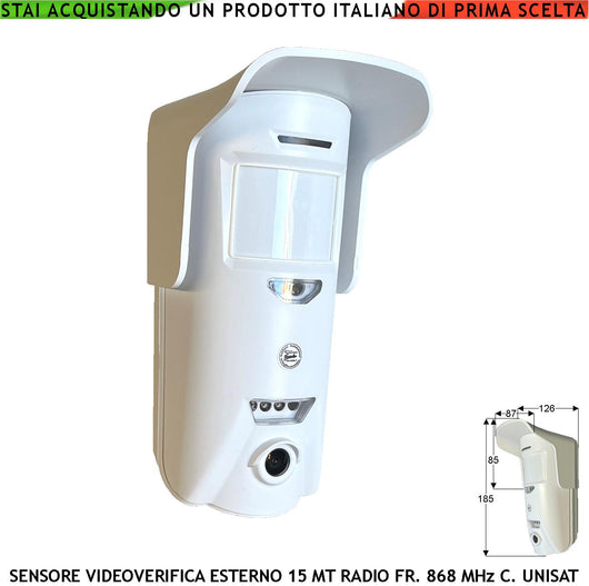 Sensore di Movimento Doppia Tecnologia da Esterno 15 Metri Grandangolo o 25 MT Tenda Con Fotocamera a Colori VGA 640X480 Pixel Videoverifica Via Radio Frequenza 868 MHz Bidirezionale UNISAT Rete GPRS