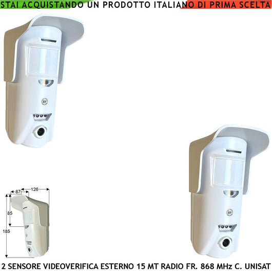 Rilevatore Movimento Doppia Tecnologia Esterno 2 Pezzi 15 Metri Grandangolo o 25 Metri Tenda Fotocamera Colori VGA 640X480 Pixel Videoverifica Wireless Frequenza 868 MHz Bidirezionale UNISAT Rete GPRS