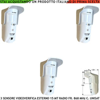 Rilevatore Movimento Doppia Tecnologia Esterno 3 Pezzi 15 Metri Grandangolo o 25 Metri Tenda Telecamera Colori VGA 640X480 Pixel Videoverifica Frequenza 868 MHz Bidirezionale Codice UNISAT Rete GPRS