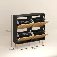 Mobile Portascarpe Stretto con 4 Cassetti Ribaltabili e Ripiani Regolabili per 16 Paia 95x26x95 cm Naturale e Nero