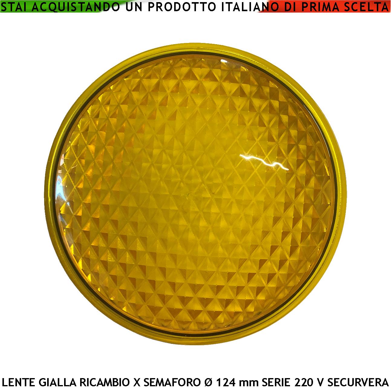 Lente Gialla Vetro Ricambio Semaforo Securvera Diametro luce 124 mm Diametro Esterno 135 mm Guarnizione Parapioggia Emissione Amplifica la Luce Modalità Puntiforme