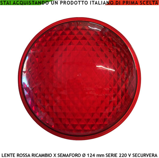 Lente Rossa Vetro Ricambio Semaforo Securvera Diametro luce 124 mm Diametro Esterno 135 mm Guarnizione Parapioggia Emissione Amplifica la Luce Modalità Puntiforme