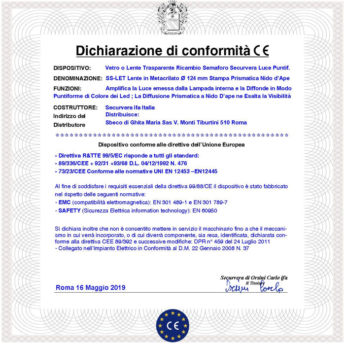 Lente di Ricambio per Semaforo a Led Securvera Vetro Trasparente Diametro luce 124 mm Diametro Esterno 135 mm Guarnizione Parapioggia Emissione Luce Amplificata Modalità Puntiforme Colore dei Led