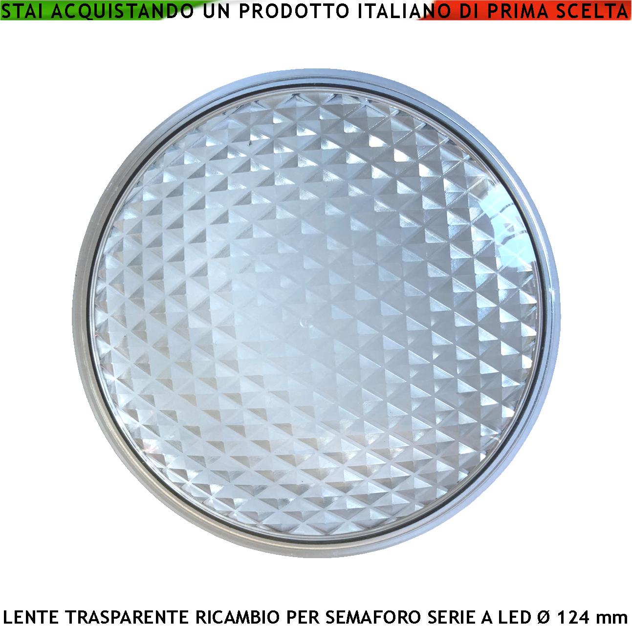 Lente di Ricambio per Semaforo a Led Securvera Vetro Trasparente Diametro luce 124 mm Diametro Esterno 135 mm Guarnizione Parapioggia Emissione Luce Amplificata Modalità Puntiforme Colore dei Led
