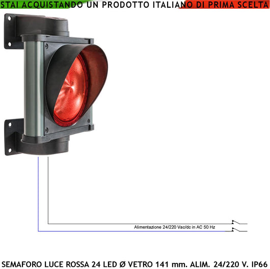 Semaforo Luce Rossa Emessa da 24 Led Rossi 24/220 5 W Omologato Securvai Corpo in Profilato di Alluminio IP66 Diametro luce 141 mm Supporti di Fissaggio Orientabili 360 ° da Parete Segnalazione di Stop o Preavviso