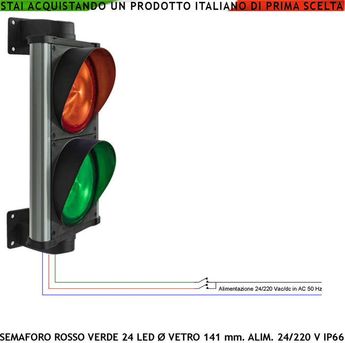 Semaforo Luce Rossa e Verde Emessa da 24 Led Rossi e 24 Led Verdi Alimentazione 24/220 5 W Omologato Securvai Corpo in Profilato di Alluminio IP66 Diametro luce 141 mm Supporti di Fissaggio da Parete Orientabili 360°